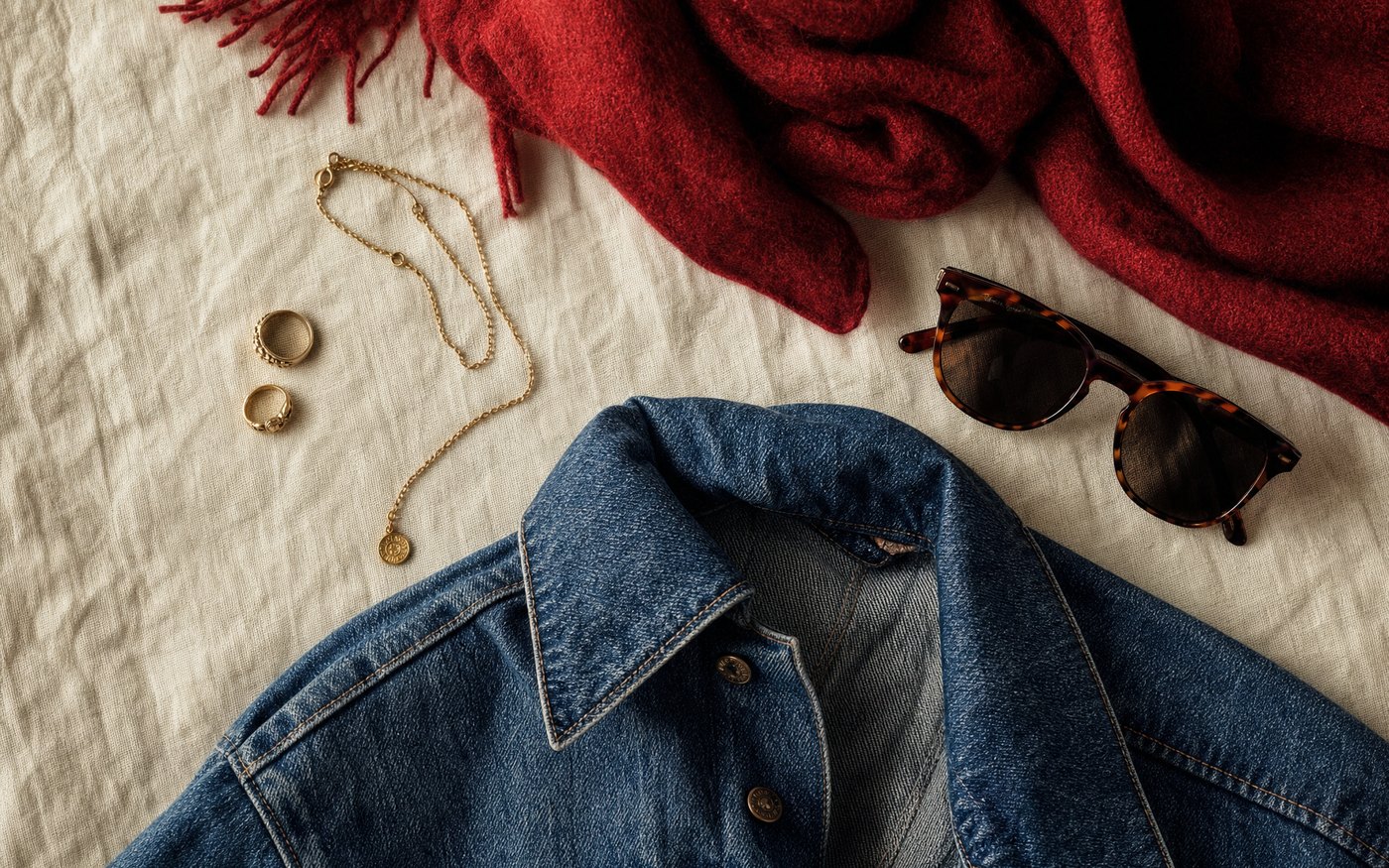 Scarf, jewelry, sunglasses and a denim jacket styled together, a sample of accessories at the outlet