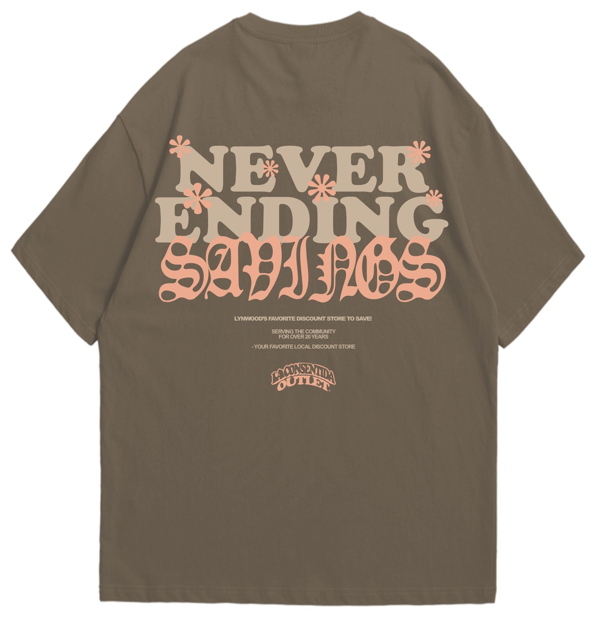 La Consentida Outlet Savings Tee, back, Never Ending Savings graphic